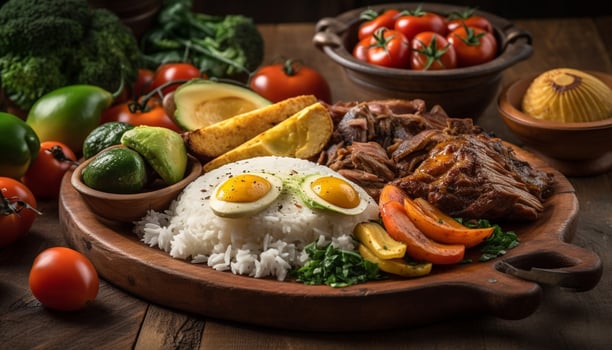Freshly grilled meat and vegetable lunch plate generated by AI photo