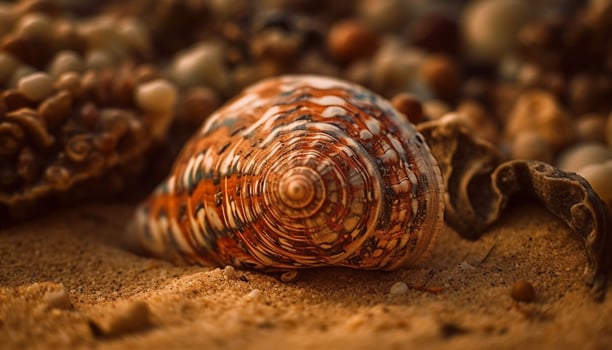 Spiraled gastropod shell beauty on sandy beach generated by AI photo