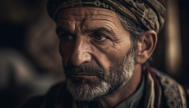 Serious old man, confident turban, traditional clothing generated by AI photo