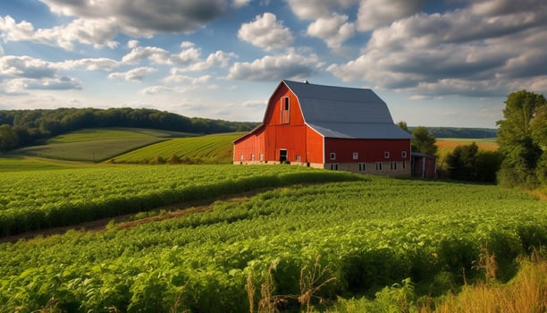 Idyllic farmhouse on rural vineyard glows golden sunset generated by AI photo