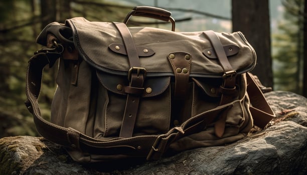 Leather backpack carrying equipment for camping adventure generated by AI photo