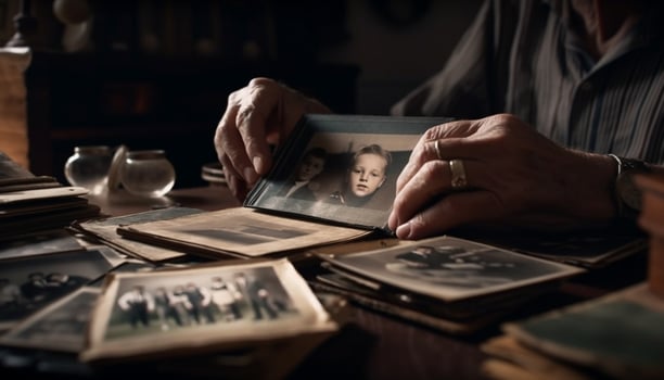 Old man holding book, crafting memories indoors generated by AI photo