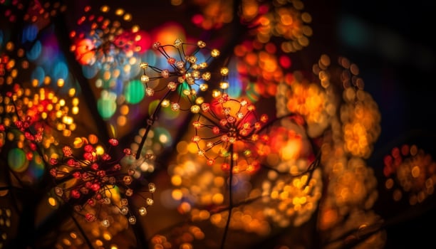 Glowing multi colored Christmas lights illuminate winter night generated by AI photo