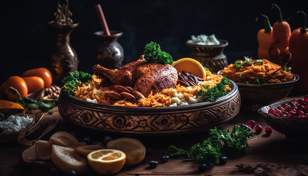 Wooden table adorned with homemade gourmet meal generated by AI photo