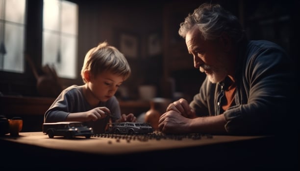 Men bonding with grandson, cheerful domestic fun generated by AI photo