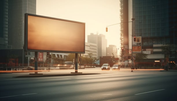 Modern buildings, bright lights advertising city life generated by AI photo