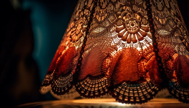 Glowing chandelier illuminates ornate antique home interior generated by AI photo