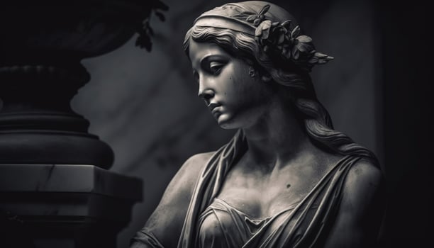 One person, female, praying at old tomb generated by AI photo
