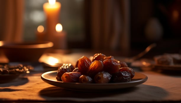 Selectively focused sweet fruit bowl on wooden table generated by AI photo