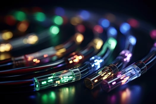 Fiber optic cables close up on a dark background with colored lights, Futuristic data transfer cables close up shot, photo