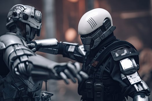 Cosmonaut in Bangkok, Thailand. Futuristic Robot police catching and arresting, photo