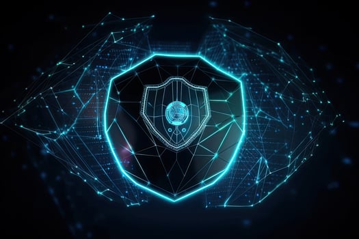 Digital shield hologram on blue background. Security concept. 3D Rendering, Futuristic technological shield icon, photo