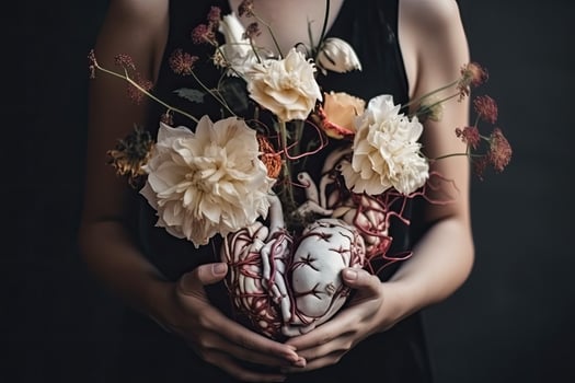 Beautiful bouquet of flowers in the hands of a girl in a black dress, Hands holding heart with flowers love, photo