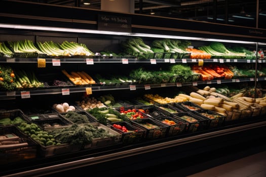 Supermarket shelves with variety of fresh vegetables and fruits in shopping mall, Grocery and vegetable shelves in the supermarket, photo