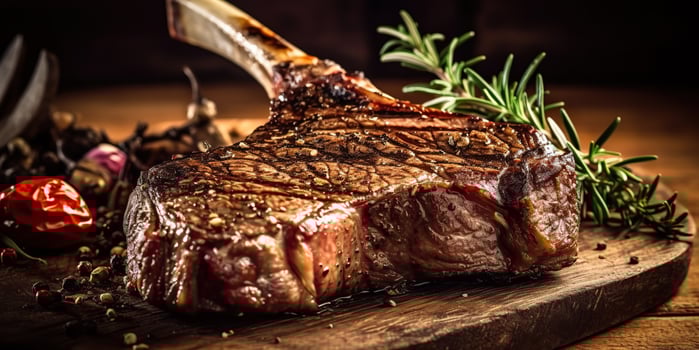 . . Photo illustration of bbq grill tomahawak angus steak on bone. Restaurant fresh meat lifestyle vibe. Graphic Art