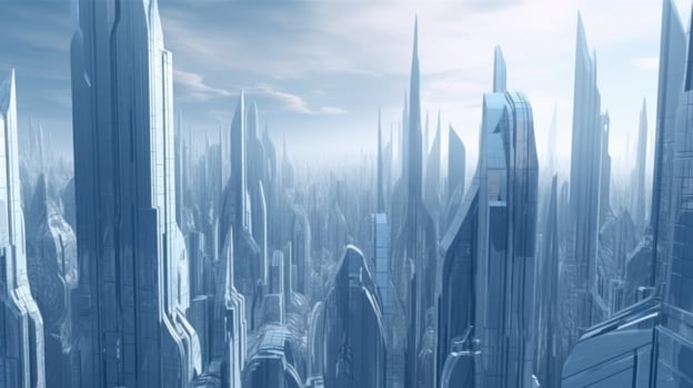 Amazing Futuristic City with Skyscrapers Buildings in Background, Blue Tone. Technology. photo