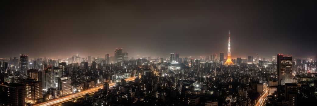 Illuminated Tokyo City with Skyline, Residential Buildings in Japan at Night View. Technology. photo