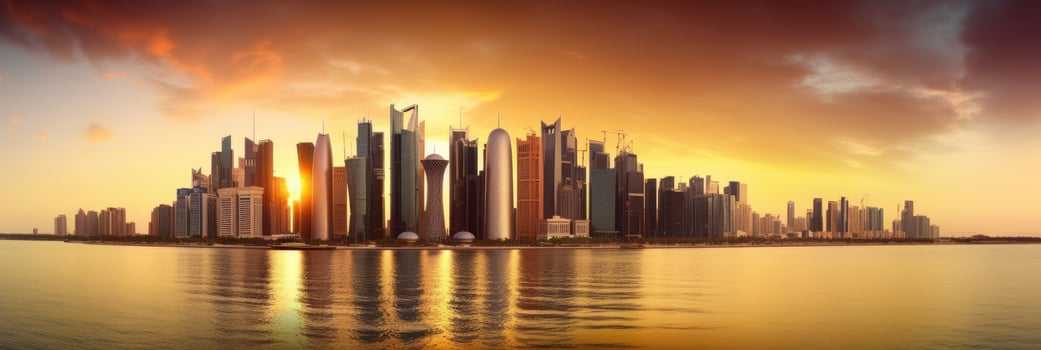 Amazing Panoramic View of Doha City, Qatar Skyline During Sunset or Sunrise. Technology. photo