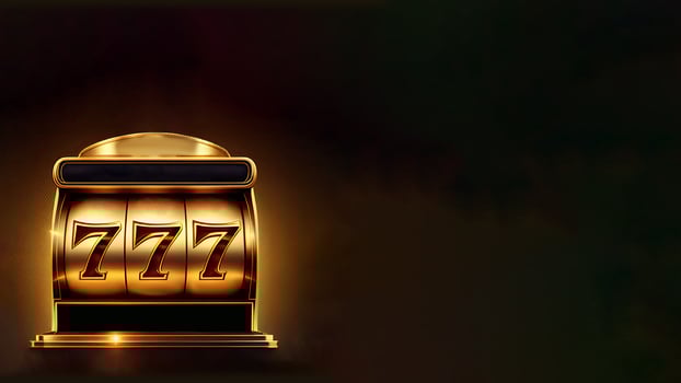 Golden Casino Slot Machine with Winning Combination of Triple Seven. Gambling Addiction, Casino Games Concept. Technology. photo