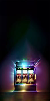 Neon Shine Slot Machine with Winning Combination of Triple Seven. Casino Games Concept, Vertical Banner Design and Copy Space. Technology. photo