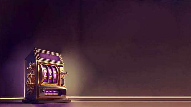 Casino Slot Machine with Winning Combination in Golden and Purple Color. Gambling Addiction, Casino Games Concept. Technology. photo