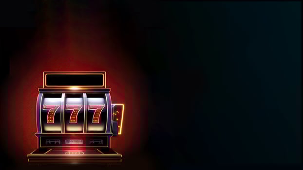 Shiny Slot Machine with Winning Combination of Triple Seven and Copy Space. Casino Games Concept. Technology. photo