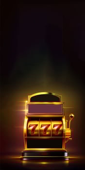 Golden Shine Casino Slot Machine with Winning Combination of Triple Seven. Casino Games Concept, Lucky One Armed Bandit. Vertical Banner Design and Copy Space. Technology. photo
