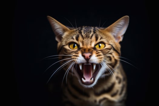 Cute bengal cat sitting on black background and looking at camera. photo
