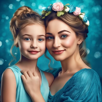 A young mother and her daughter with simple flower crowns on their heads photo