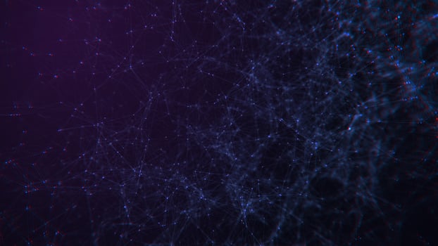The concept of a network connection with a glitch effect. Technological purple background with lines and dots. Big data. 3d rendering photo