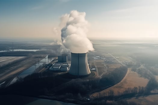 Aerial view of nuclear power plant in Poland. Drone photography. Nuclear power plant aerial view with smoke, photo