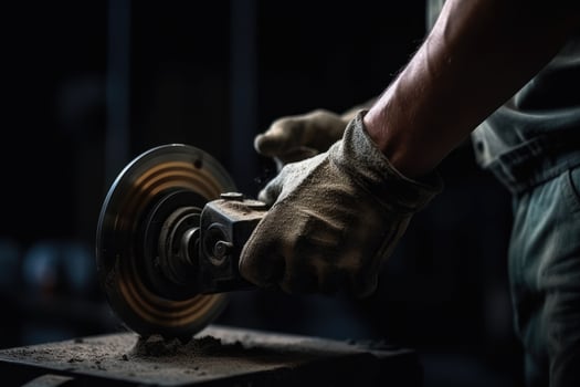 Close up of a man using a circular saw to cut metal, Professional industrial workers hands close up view, photo