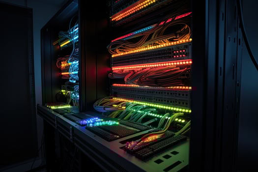 fiber optic with servers in a technology data center. 3d render, Rackmount LED console in a server room of data center, photo