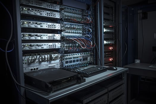 network server room with fiber optic cables connected to switch technology background, Rackmount LED console in a server room of data center, photo