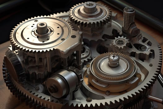 Close up view of the mechanism of an old gearbox. 3D rendering, Realistic gear set in an engine, photo