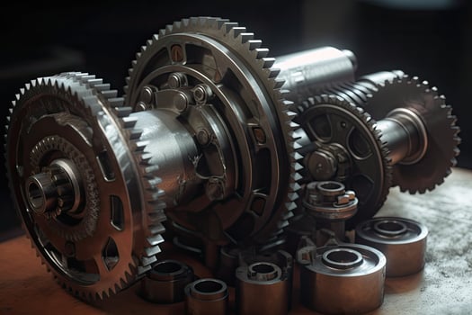 Gearbox and bearings close up. Auto service industry. Car parts. Realistic gear set in an engine, photo