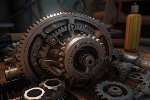 Closeup of a gear wheel in a factory. 3d rendering, Realistic gear set in an engine, photo