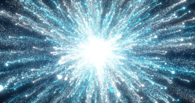 Abstract glowing energy explosion whirlwind firework from blue lines and magic particles abstract background photo