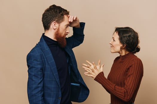 Man and woman couple in a relationship quarrel, yelling, psychological violence in the family, problems in a real relationship between people photo