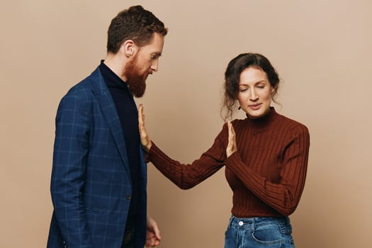Man and woman couple in a relationship quarrel, yelling, psychological violence in the family, problems in a real relationship between people photo