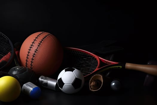 Sport equipment on a black background. Sports equipment on a black background. Sports Equipment on a dark background, photo