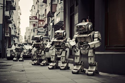 Retro robots in the street of Istanbul. Filtered image processed vintage effect. Robots conquering the world, photo