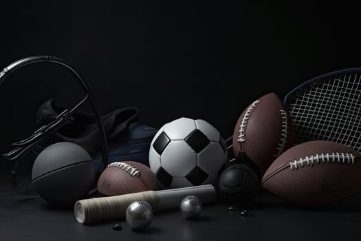 Sports equipment on a black background. Sport concept. Copy space. Sports Equipment on a dark background, photo
