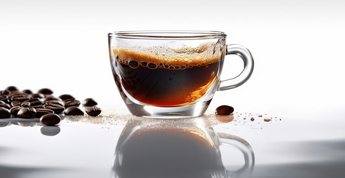 White cup of coffee with coffee beans on white background - image photo