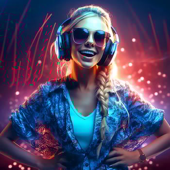 A pretty happy girl in club dress and wearing headphones and sunglasses photo