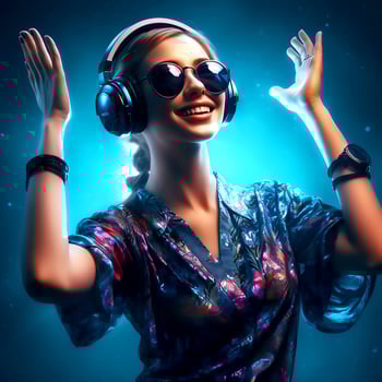 cheerful girl with headphones and sunglasses photo