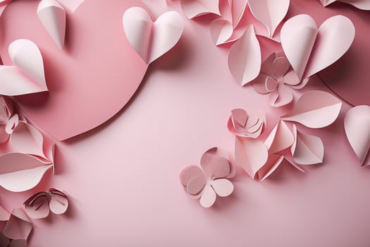 Paper origami flowers on pink background. Valentines day concept. Valentines Day Background with Pink Paper Craft Love, photo