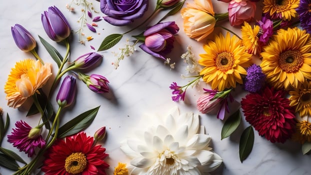 Flowers composition on white marble background. Flat lay, top view. photo