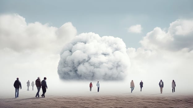 The way into the unknown. Conceptual image of group of people and clouds. . photo