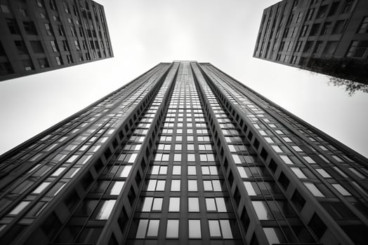 Black and white horizontal photo of the architecture of high-rise buildings. art